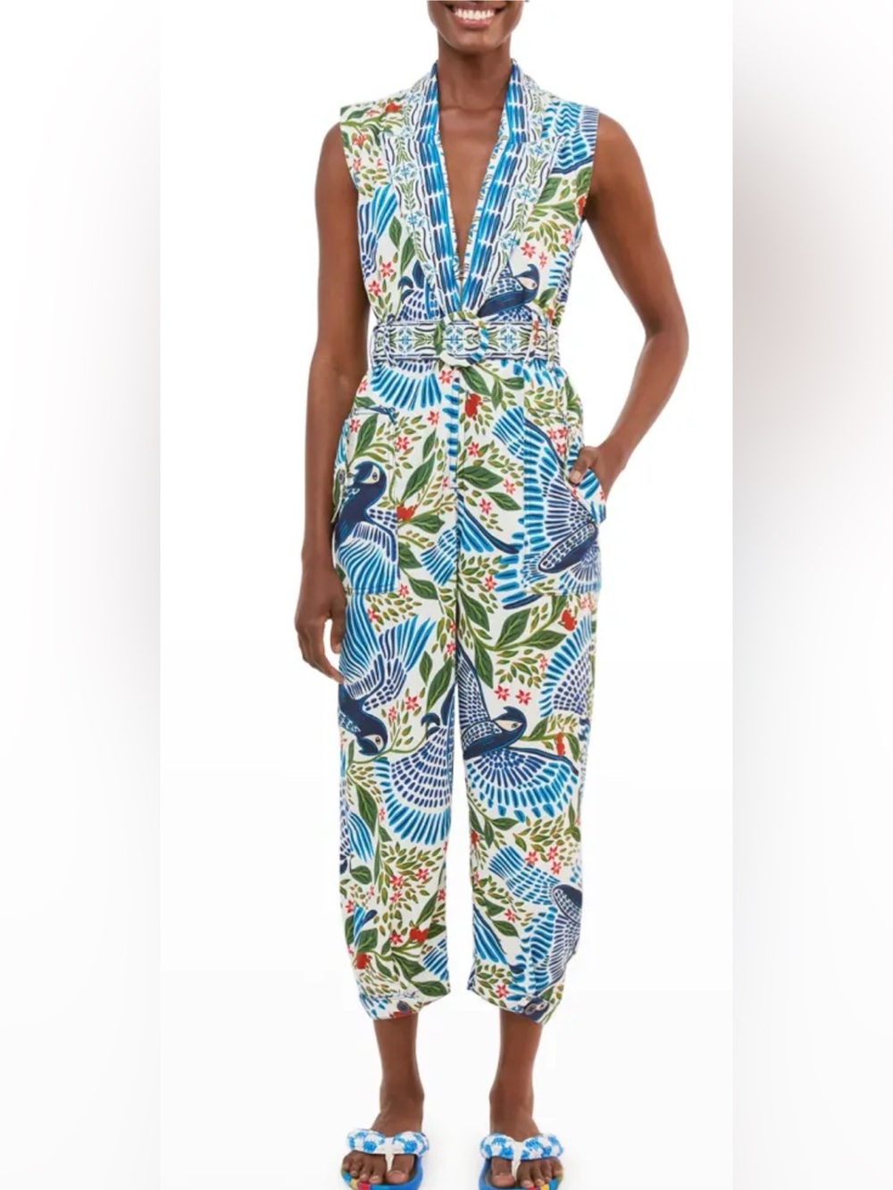 Farm Rio off-white canvas macaw flight jumpsuit